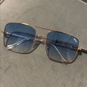 EGO Gold Frame Sunglasses with Blue Lenses BRAND NEW Rectangle 100% UVA